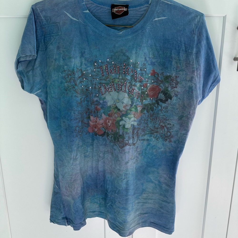 Harley-Davidson Distressed Blue Graphic T-Shirt with Rhinestone Embellishments